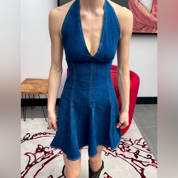Denim Halter Mini Dress - Picture 1 of 10